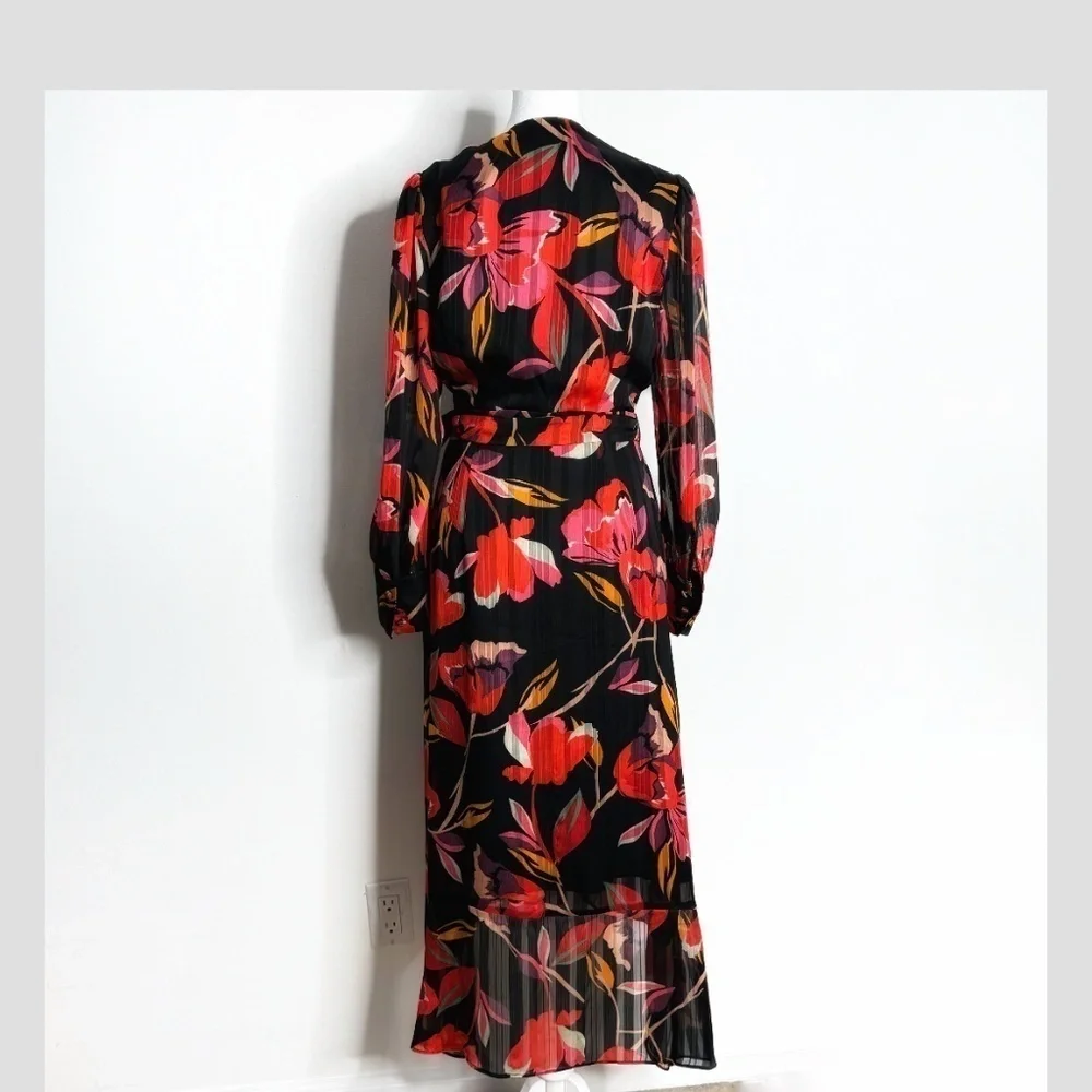 Adelyn Rae Wrap Dress High Low Chiffon Long Sleeve Black Red Print Sheer Sleeve